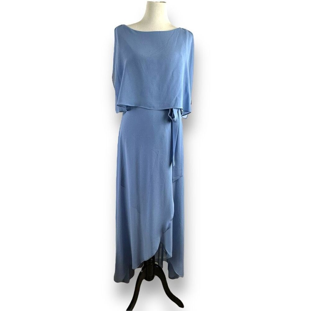 Jessica Howard Sleeveless Tie Waist Blouson Maxi Dress Blue Ruffled